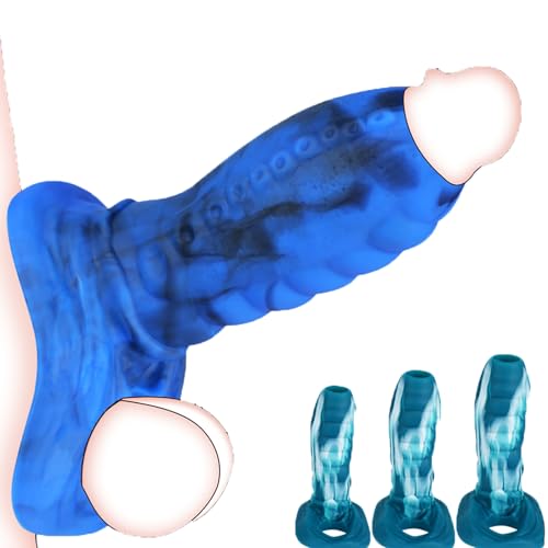 TDLPlus Monster Penishülle Dragon Dildo Penis Sleeve Extender mit Hodenringe Silikon Penismanschetten Penisstrecker zür Penisverlängung Penis Vergrößerung Sexspielzeug für Männer Paare Blau L