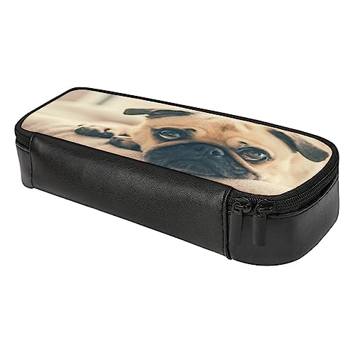 Fionel Pug-In-Dog-Bed Pu Leather Quad Pen Case Zipper Pencil Pouch Holder For Pens Case Office Storage Box Organizer Pen Bag(8×1.5×3.5 In) #TOP5