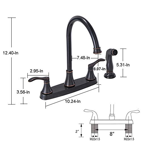 VALISY 3 Hole or 4 Hole 2 Handle Kitchen Faucet with Side Sprayer, Commercial Lead-Free Oil Rubbed Bronze Kitchen Sink Faucets for Rv Sinks with High-Arc Spout & Side Sprayer, VADR0004H - Thumbnail 7