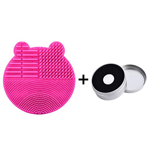 Silicon Makeup Brush Cleaning Mat With Drying Holder Brush Cleaner Mat Portable Bear Shaped Cosmetic Brush Cleaner Pad+Makeup Brush Dry Cleaned Quick Color Removal Sponge Scrubber Tool (Rose Red) #TOP1