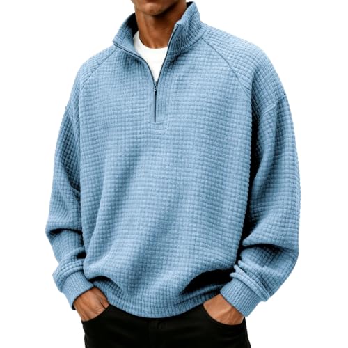 Rtdyvyuhb Sweatshirt For Men Casual Quarter Zip Waffle Knit Long Sleeve Mockneck Fall Winter Pullover Fashion Sweatshirts Blue Large - image 2