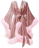 TianzhiheFeather Fur Robe Silk Satin Bridal Dressing Gown Sexy Illusion Lingerie Nightgown Bathrobe Sleepwear Dusty Pink+Pink Small-Medium