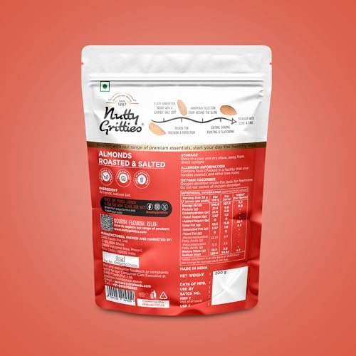Image of Nutty Gritties Premium California Roasted and Lightly Salted Almonds 200g, Lightly Salted, Dry Roasted, Non Fried, Zero Oil, Crunchy Healthy Snack