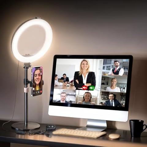 MACTREM 10“ Desk Ring Light with Stand, Desktop LED Circle Halo Light with Phone Holder for Computer Zoom Meeting, Laptop Light for Conference Video Calls, Live Streaming, Podcast, Selfie, Makeup Cover