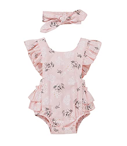 Image of Baby Girls Floral Cotton Leotard Romper Newborn Daisy Playsuits Ruffled Sleeve Onesie Infant Jumpsuit Clothes Headband