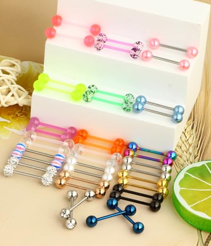 Suotarn 40pcs 14G Tongue rings For Women Stainless Steel Straight Tongue Barbell UV Acrylic Plastic Tongue Piercing Jewelry Nipple Piercings 5/8" Glow in Dark Flexible Retainer Body Jewelry for Men3