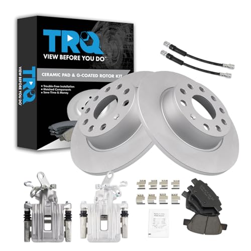 Image of TRQ Rear Brake Pad and Rotor Set Ceramic 272mm Coated Rotors Calipers Compatible with 2010 Audi A3 2010-2014 Volkswagen Jetta