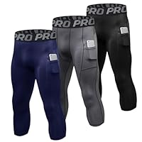 LNFINTDO 3er-Pack Kompressionshose Herren 3/4 Sport Legging Schnelltrocknende Lauftights mit Taschen Atmungsaktiv Kompression Hose für Fitness Gym Joggen Training Basketball
