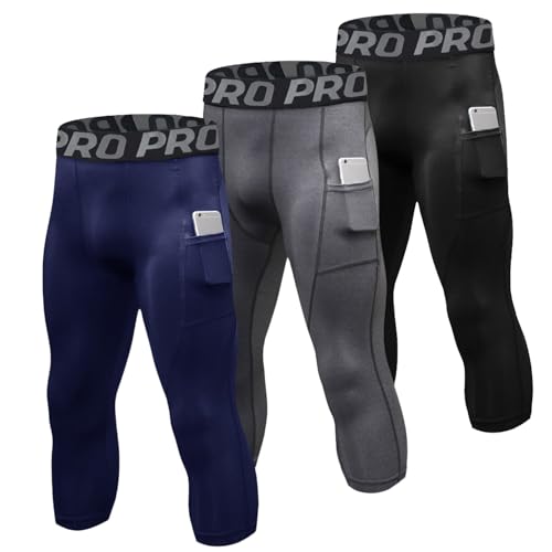 LNFINTDO 3er-Pack Kompressionshose Herren 3/4 Sport Legging Schnelltrocknende Lauftights mit Taschen Atmungsaktiv Kompression Hose für Fitness Gym Joggen Training Basketball