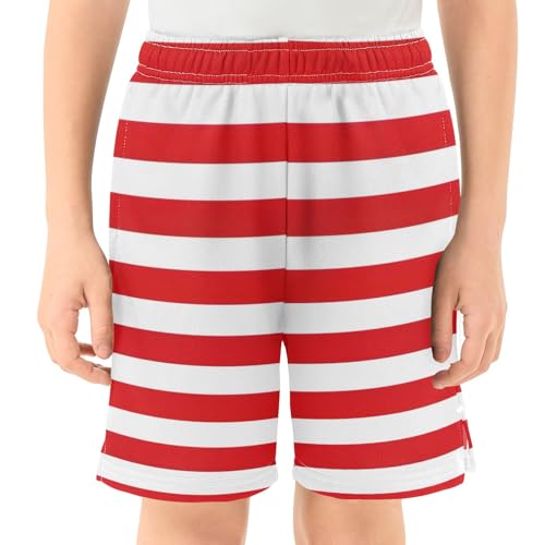 CHIFIGNO Red and White Stripes Youth Boys Outdoor Shorts Boys Everyday Wear Shorts with Pockets XS2