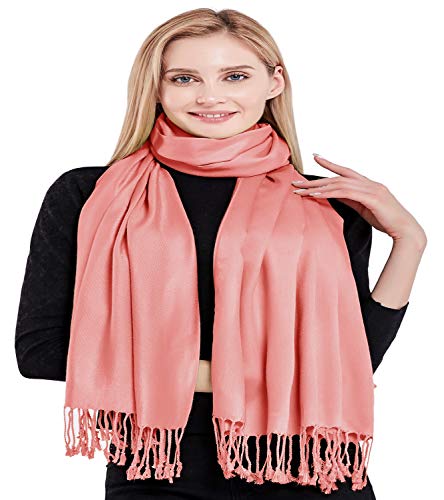 CJ Apparel Coral Pink Solid Color Pink Tassels Design Nepalese Shawl Seconds Scarf Wrap Stole Throw Head Wrap Pashmina Hand Made in Nepal New Pashmina New4