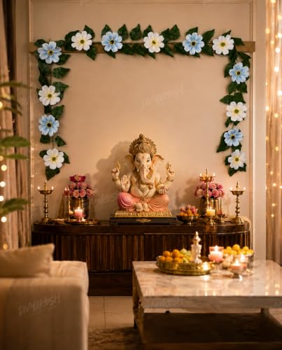 Image of Divyakosh Mango Leaf Vine with White & Blue Cosmos Flowers (6.5 FT) for Door Entrance Decor Creeper | Artificial Flowers Garland,Thoran,Festive Puja Wall Hanging for Diwali Navratri Ganpati Home Decor