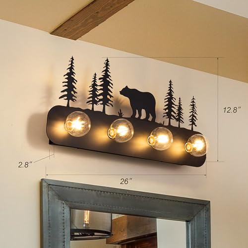 Image of TOCHIC Rustic Bathroom Light Fixtures, 4 Lights Farmhouse Bathroom Vanity Light Over Mirror Dimmable, Western Bear Sconces Wall Lighting for Mirror Cabinets, Powder Room, Living Room, Black, 26 inchL