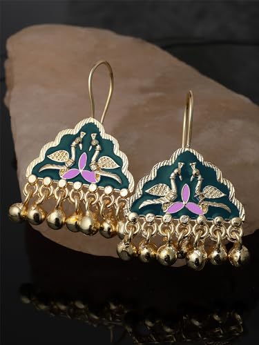 Image of Karatcart Silver Tone Diamond Shape Pink and Blue Carved Stone Studded Drop Earrings for Women