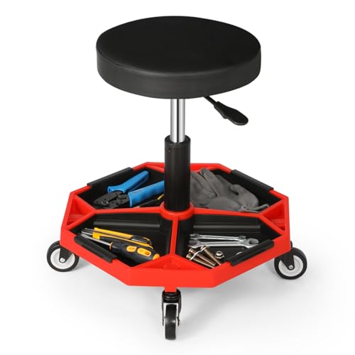 BRIGHTORIA Pneumatic Mobile Rolling Garage Stool with Equipment Tray Creeper Mechanics Roller Seat for Car Repairing Garage Auto 16.5-22'' Adjustable Height Black/Red