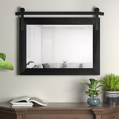 Image of COGOOD Farmhouse Barn Door Mirror - 25 inch x 18 inch Rustic Wood Framed Decrative Mirror for Bathroom, Living Room, Entryway Wall Decor (Black)