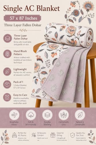 Image of Amazon Brand - Umi Lightweight Cotton AC Dohar Blanket 57x87 Inches | 160 TC Single Bed Quilt | Three Layer Soft Comforter | Elegant Floral Design