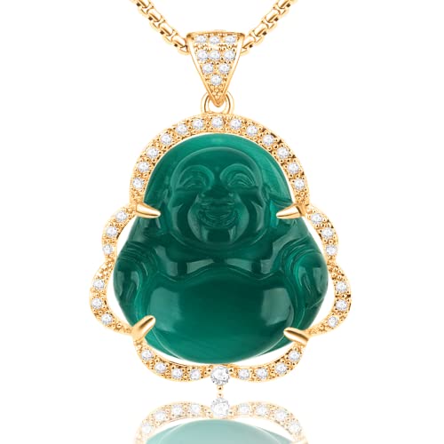 Image of ASGIFT Laughing Buddha Necklace Cubic Zirconia Green Jade Buddha Pendant with 18K Gold Plated Chain Lucky Buddha Necklace Jewelry Gift