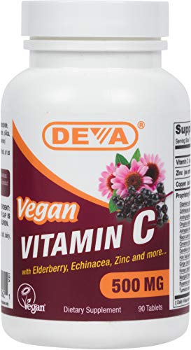 Deva Vegan Vitamin C (500 MG) with Elderberry, Echinacea, Zinc & More.- Vegan - No Animal Ingredients - 3 Months Supply -90 Tabs