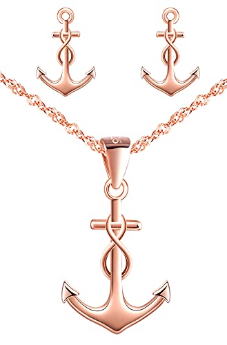 Yumilok Collier ancre femme, boucle d'oreille ancre femme, ensemble de bijoux en argent 925, collier et clou d'oreille d'ancre et de symbole d'infini, collier...