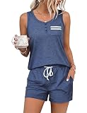 Crewhpo Ensembles de Pyjama Femme Été Pyjamas Col Rond Vêtement de Nuit à sans Manches Hau...