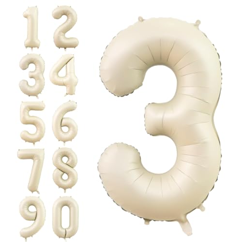 Number 3 Balloon Beige,40 Inch Large Cream Foil 3 Helium Balloons for Boys Girls Birthday Anniversary Decorations
