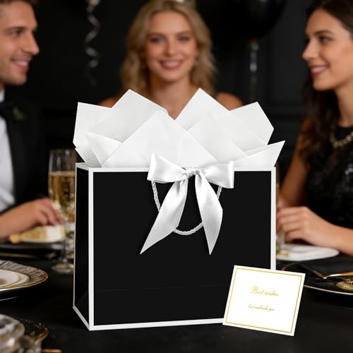 Image of JMANNI Gift Bags with Handles, 13 inch Medium Gift Bag for Presents, 1 Pcs Bags with 2 Tissue Paper and 1 Cards for Baby Shower Wedding Bridal Shower Mother's Day Birthday Party (black-white