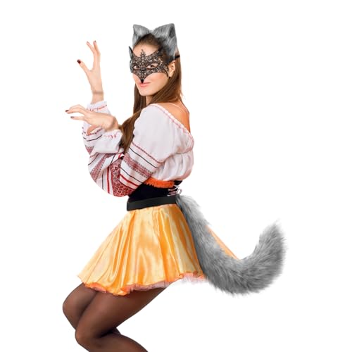 DRESHOW Faux Fur Wolf Tail Cat Ears Headband Lace Masquerade Mask Set Wolf Fox Cosplay Costume Animal Dress Up Fancy Dress Accessories Halloween Role Play Party Costume - Image 2