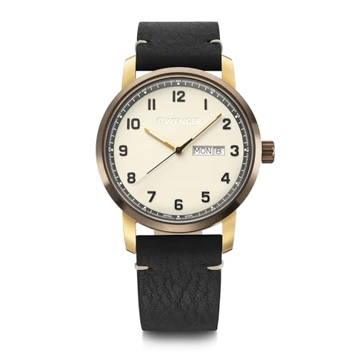Wenger Relojes Hombre Attitude Ø 42mm, Suizos, Cuarzo, Impermeable 100m, Acero Inoxidable, Brazalete de Cuero, Cristal de Zafiro, Creme/Oro/Negro, 01.1541.124