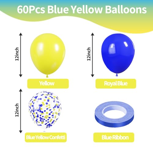 Image of KBZVNAF Blue and Yellow Latex Balloons - 60 Pack 12 inch Royal Blue Yellow Confetti Party Balloons for Birthday, Baby Shower, Wedding, Graduation Party Decorations
