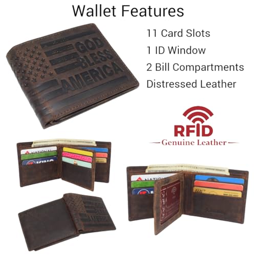 Distressed Vintage Leather Patriot American Flag Wallet -GOD BLESS AMERICA’ RFID Blocking Leather US Flag Men's Bifold Western Style Wallet (Brown)2