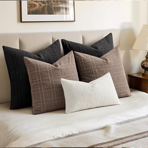 Image of MIULEE Decorative Linen Check Euro Shams Throw Pillow Covers Neutral Farmhouse Vintage Pillow Covers 24x24 Set of 2 Boho Modern Home Decor for Sofa Couch Bedroom Cushion Black