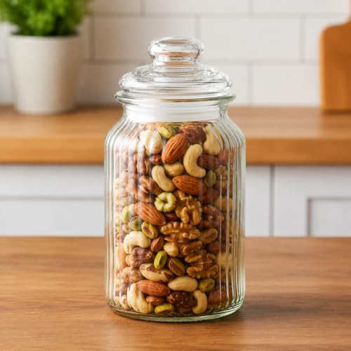 Image of STAR WORK 1500 ML Premium Glass Storage Jar with Glass Lid Airtight Candy Jar Clear Kitchen Canister for Cookies Biscuits Dry Fruits Nuts Snacks Decorative Countertop (1)