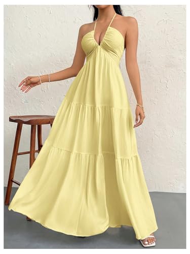 Image of SHENHE Women's Deep V Neck Tie Knot Backless Halter Dress A Line Flowy Ruffle Maxi Dress