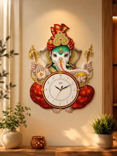 Image of Ajanta Wall Clock 33 x 30 cm, Decorative MDF Wooden Clock, Printed Ganesha God Design, Tic-TOC Movement for Home Decor