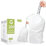 Code G (200 Count) 8 Gallon Heavy Duty Drawstring Plastic Trash Bags Compatible with simplehuman Code G | 1.2 Mil | White | 8 Gallon/30 Liter
