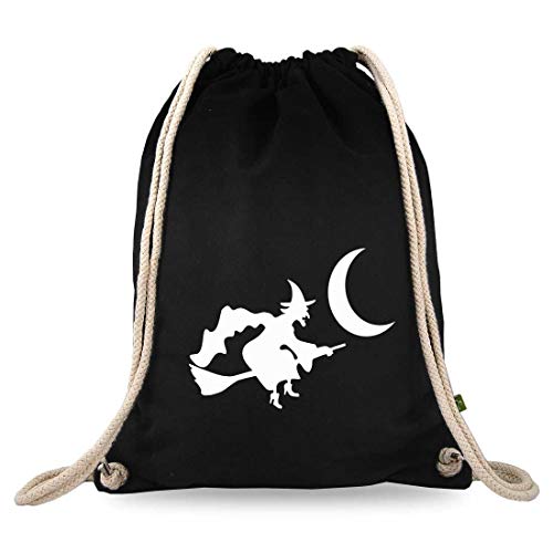 Turnbeutelliebe® Turnbeutel mit Motiv - Halloween - Verschiedene Designs - Baumwolle schwarz - Sportbeutel - Rucksack - Stoffbeutel - ca. 12 Liter (Hexe) Cover
