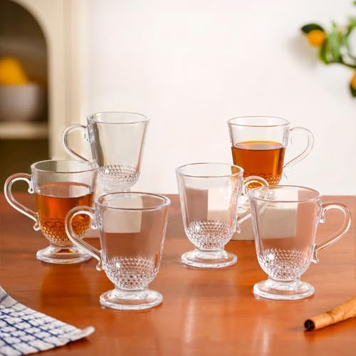 Image of Nestasia Set of 6 Transparent Glass Tea Cups (196ml Each) - Beaded Textured 100% Food Safe & Chip-Resistant Glass Set | Perfect for Irish Coffee, Hot & Cold Beverages