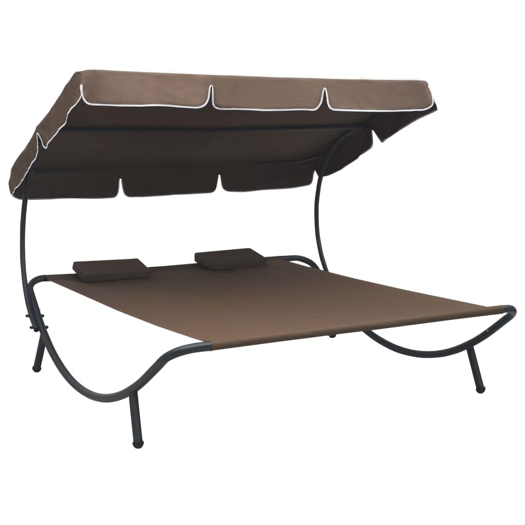 vidaXL Tumbona Doble de Jardín con Toldo y Cojines Patio Carpa Exterior Aire Libre Decoración Toldo Chaise Longue Playa Balcón Marrón