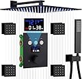 AYIVG Matte Black Shower System with 4PCS Body Jets 12 Inch LED Wall Mounted Rain Shower System Temperature Display Thermostatic Rainfall Shower Faucet Set Combo Can Be Used Simultaneously