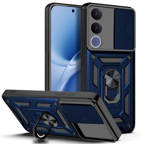 Image of AESTMO Tough Armor VIvo V70 FE 5G Bumper Back Case Cover | Ring Holder & Sliding Camera Shield Cover | 360 Degree Protection Back Case Cover for VIvo V70 FE 5G (Blue)