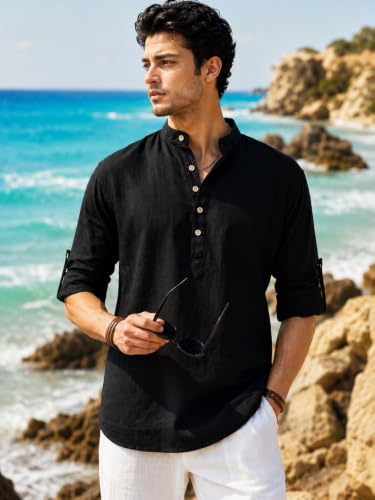 Image of Majestic Man Men's Pure Cotton Solid Mandarin Collar Slim Fit Roll-Up Sleeves Short Kurta Lightweight Summer Kurta for Daily & Occasion Use
