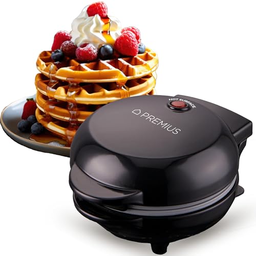 PREMIUS Ceramic Nonstick Mini Snack Waffle Maker, 4” Mold, Quick Heat for Crispy Waffles, French Toast, Tuna Melt, Egg & Grilled Cheese, Sandwiches for Kids & Family, Just Add Batter (Black)