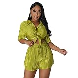 Fastkoala Sexy Two Piece Outfits for Women Summer Casual Pleated Button Down Shirt Shorts Tracksuits
