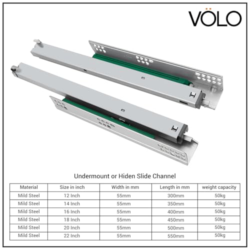 Image of Volo Undermount Drawer Slide, Silent Soft Closing Hydraulic Channel with Locking Device, Heavy Duty undermount Drawer Slide Weight Capacity 40kg. (400 mm / 16 inch)