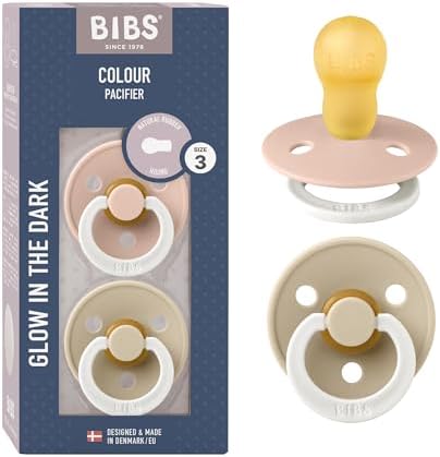 BIBS Boheme Glow in The Dark Soother 2-Pack. BPA Free. Round Nipple Latex, Size 2 (6-18 Months), Blush Glow/Vanilla Glow