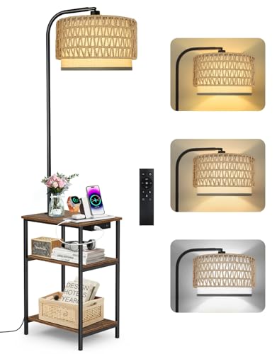 OUTONLIFE Stehlampe Wohnzimmer mit Tisch & Rattan-Schirm, Dimmbar LED...