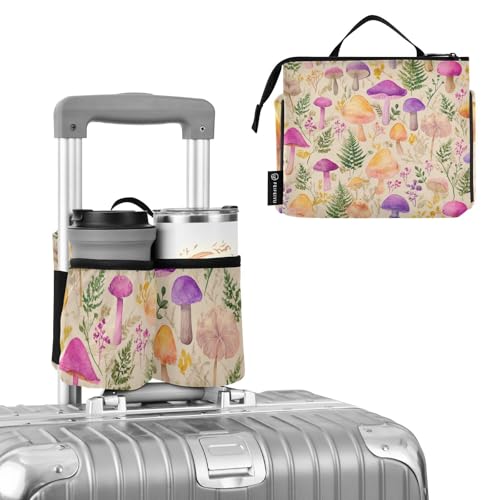 Image of Luggage Cup Holder for Suitcases Free Hands Suitcase Cup Holder Travel Luggage Drink Holder Portable Luggage Cup Caddy Bag Carrier with Handle Mushroom Colorful Pattern