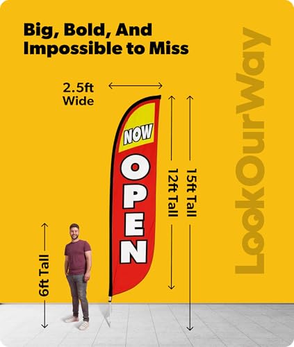 Image of LookOurWay Feather Flag Pole Kit - 12 Feet Tall Advertising Flag Banner with Fiberglass Pole Kit and Ground Spike for Business Promotion - Grand Opening Flags - Now Open Red & Yellow (10M1200030)
