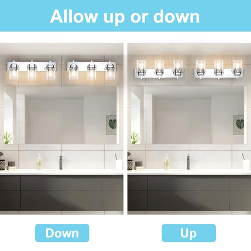 Image of SineRise Vanity Light Fixture,3-Light Vanity Light for Bathroom,Chrome Bathroom Vanity Lighting Over Mirror with Square Clear Glass Shade for Restroom